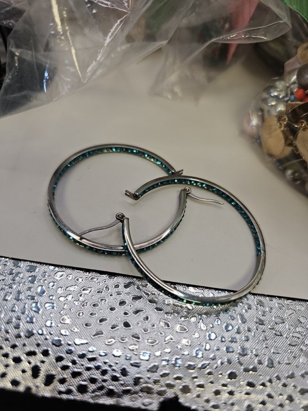 Earrings Pierced Hoops Silver-tone Hoops Blue Cubic Zirconia Inside Outside